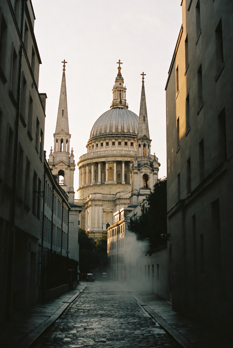 St Paul's Cathedral dome glimpsed between Wren church spires across the City of London.