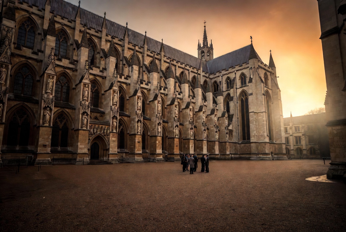 A guide reads the west front of Westminster Abbey to a small group of walkers.